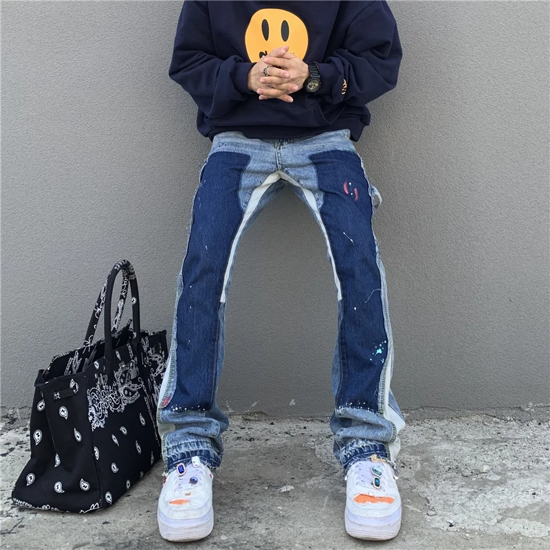 

Loose Men's Wide Leg Jeans High Street Splatter Paint Vibe Micro Flared Trousers Color Block Long Pants Casual Cotton Denim