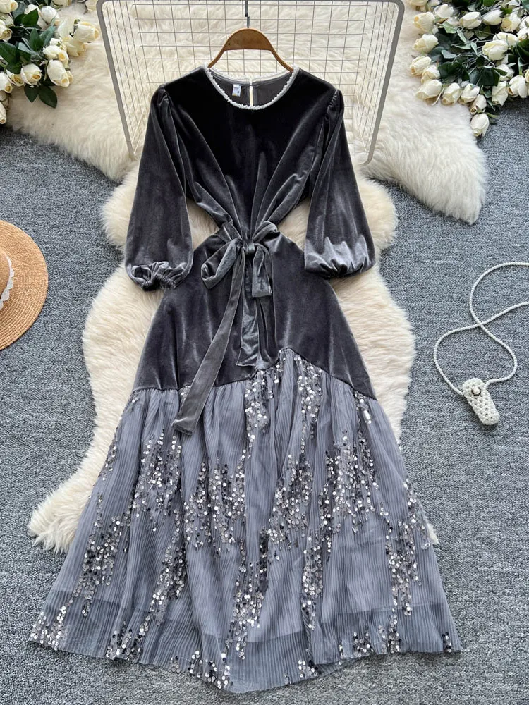   Abito lungo in velluto con paillettes Me Wrap Vita lunga Sve rotondo Ne per donna Ricamo pesante A-Line Estate Ci Pendolarismo Dr