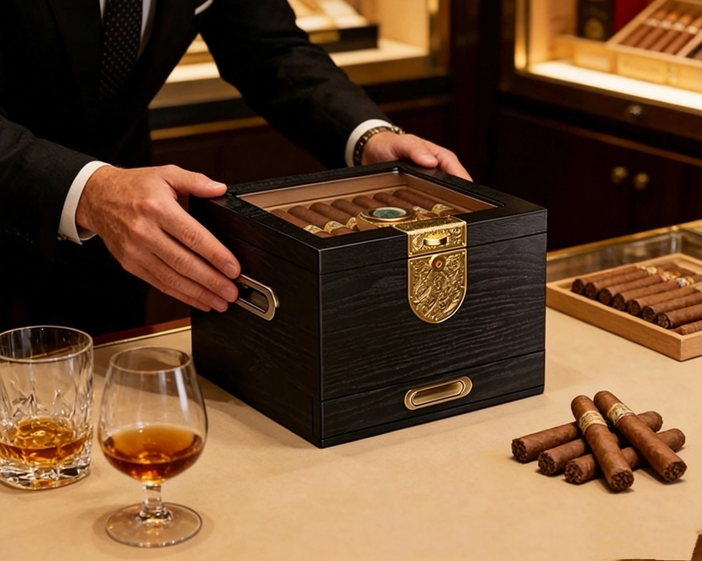 A Complete Set Of Cigar Boxes, Large Capacity Cedar Wood Moisturizing Cigar Box, Double-Layer Design.