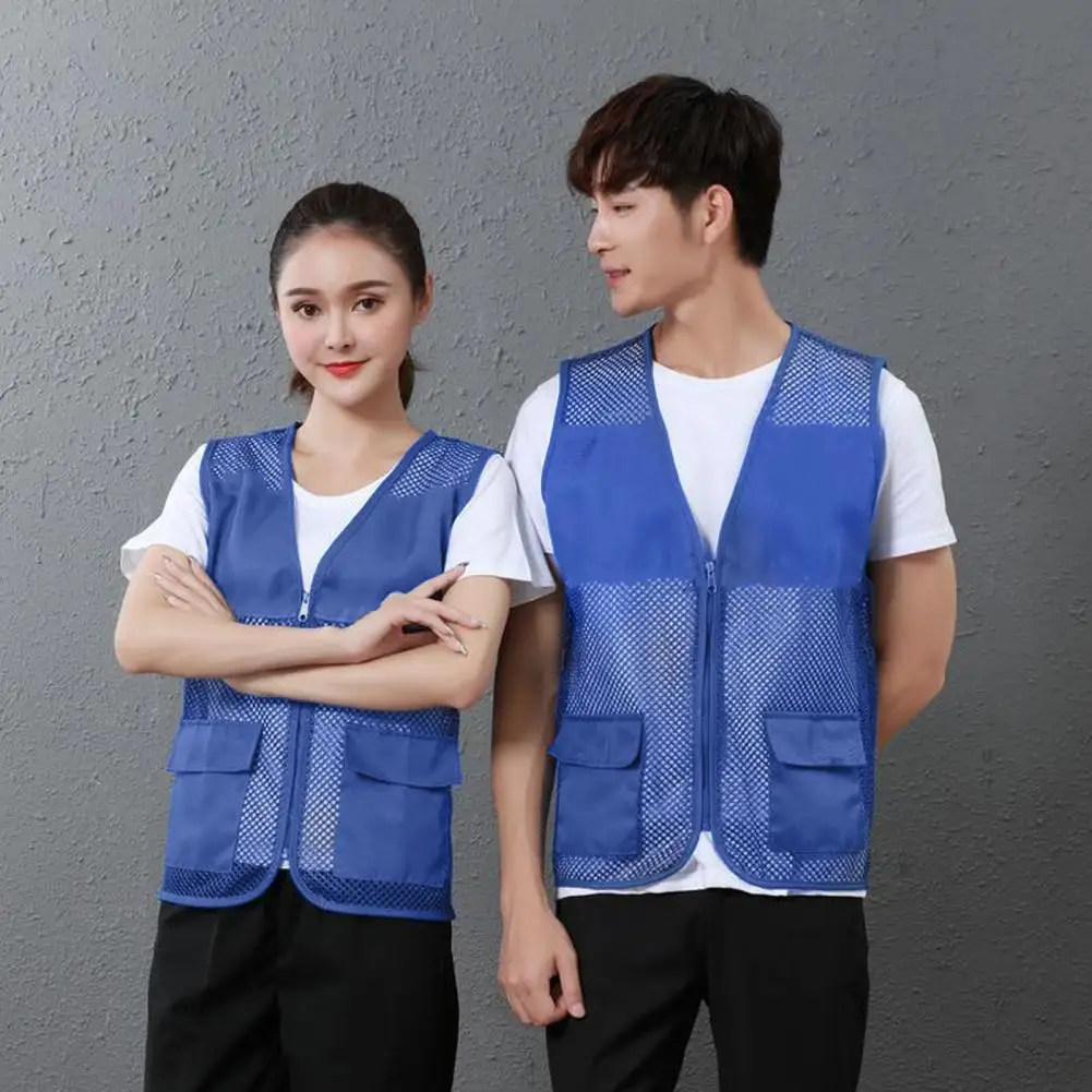 Fishing Vest Hollow Out Zipper Placket Double Pockets V-neck Work Vest Volunteer Bright Color Loose Fit Unisex Work Waistcoat