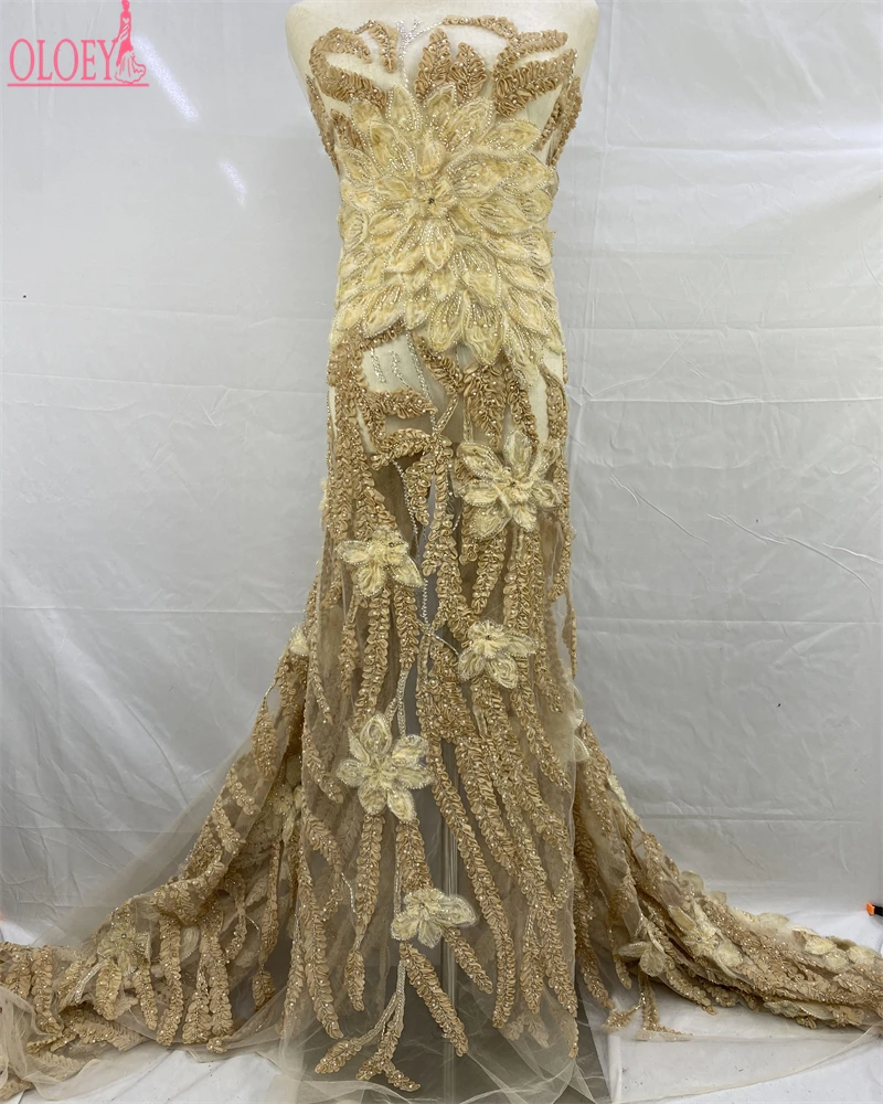 OLOEY-tela de encaje de tul francés africano de lujo, tela de encaje de lentejuelas nigerianas con cuentas de alta calidad para vestido de novia