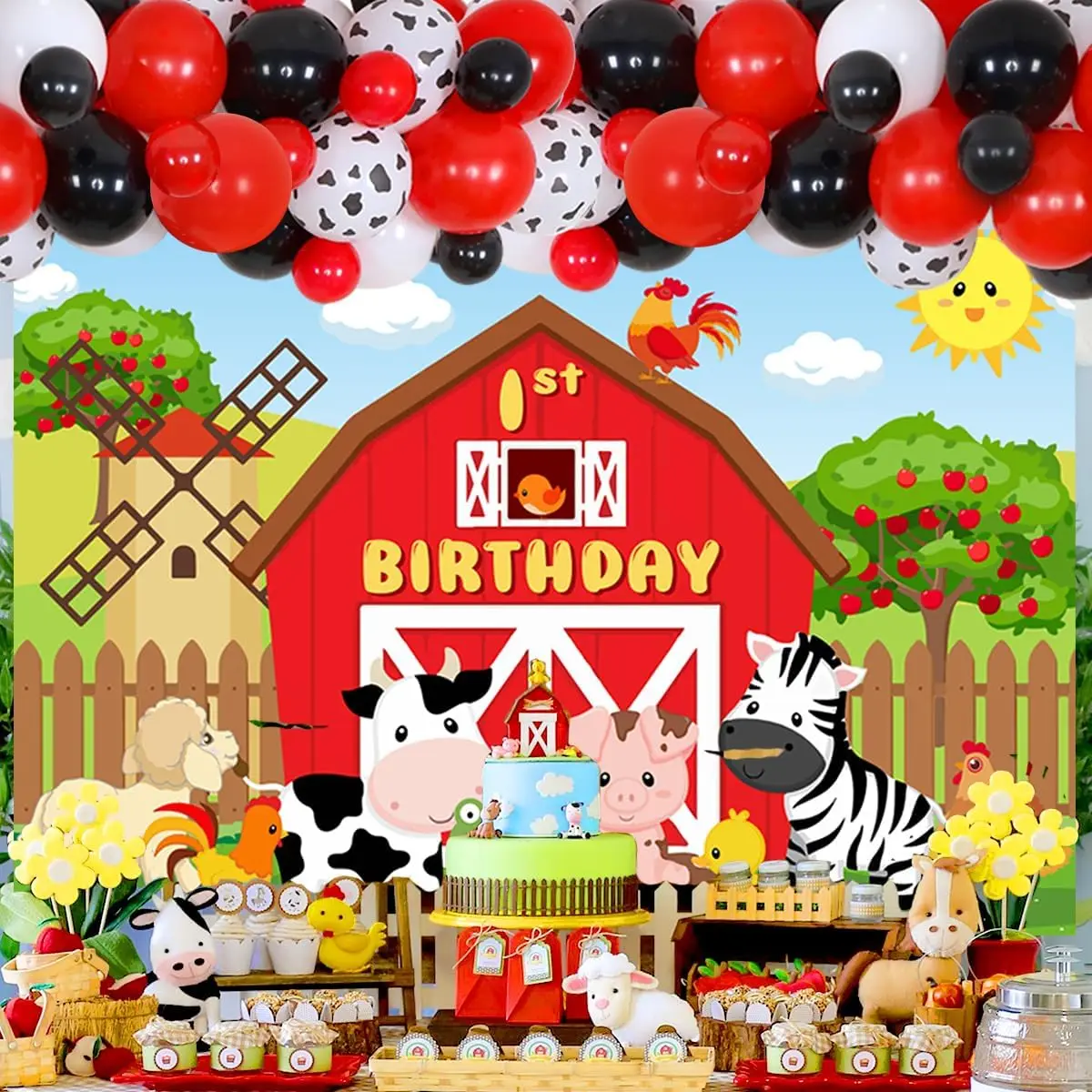 Sursurprise-Farm Animal Theme Decorations for Boy, Red Balloon, Garland, Happy Birthday Backdrop, Foil Balloons