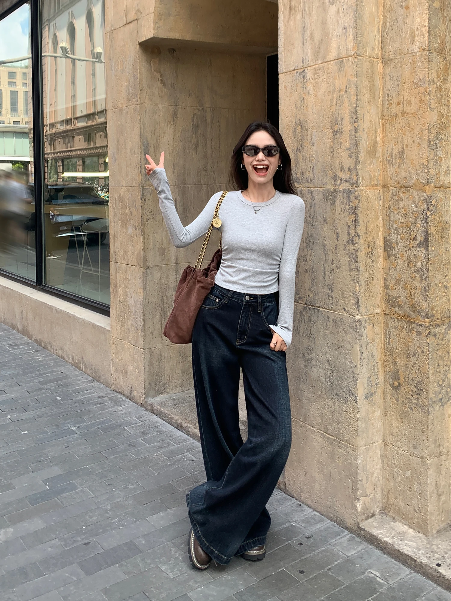 

Джинсы Pusumede с высокой талией и широкими штанинами, женские свободные прямые длинные брюки, новые винтажные черные джинсовые брюки для весны и осени