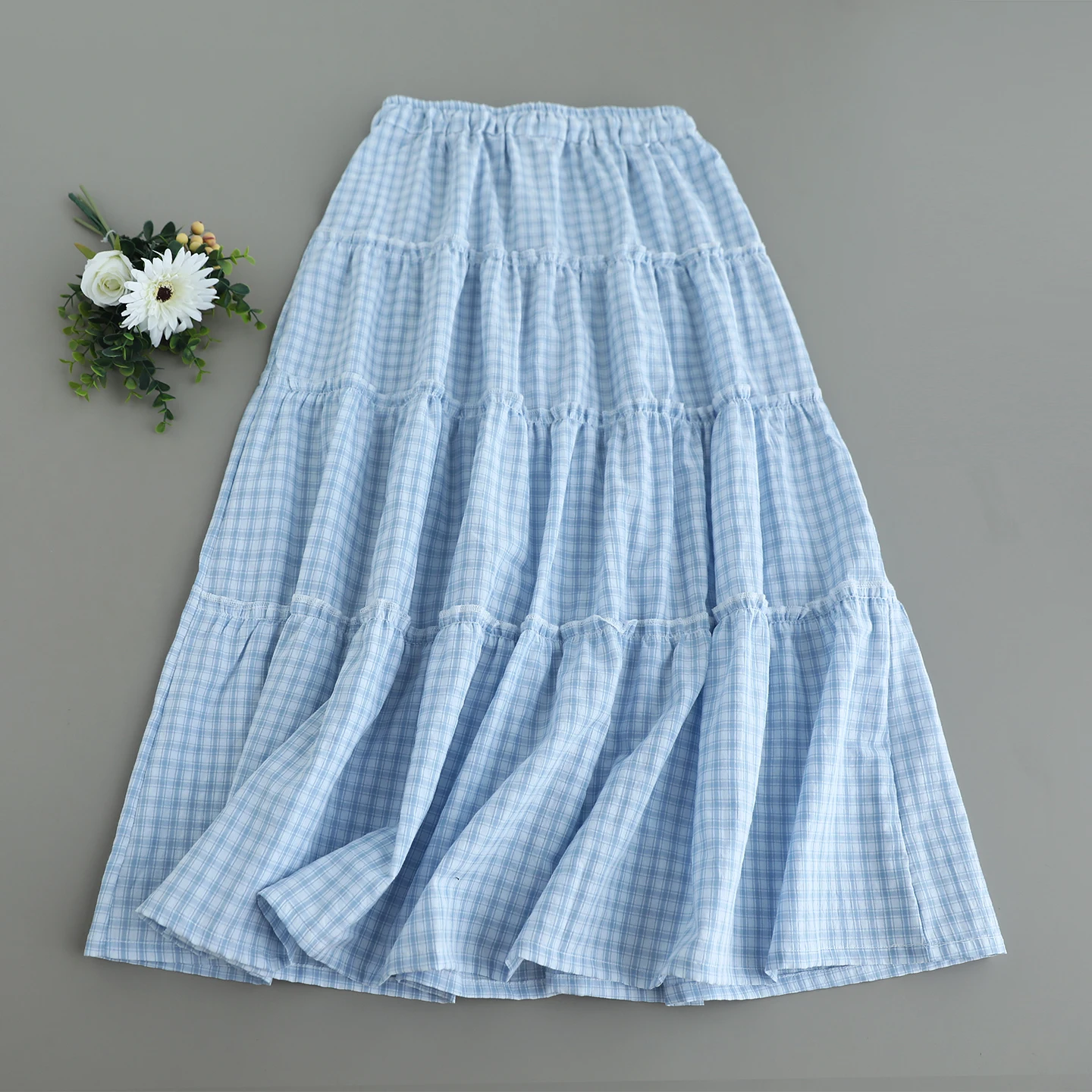 Japanese Sweet Mori Girl Vintage Plaid Cake Cotton Skirts Women Summer High Elastic Waist Casual Loose A-Line Skirts