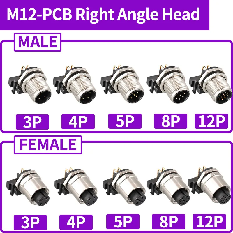 5/20 PCS M12 Connector Aviation Plug 4P 5P 6P 8P 12P Straight/Right Angle Head Male Female Docking Waterproof Sensor Connector