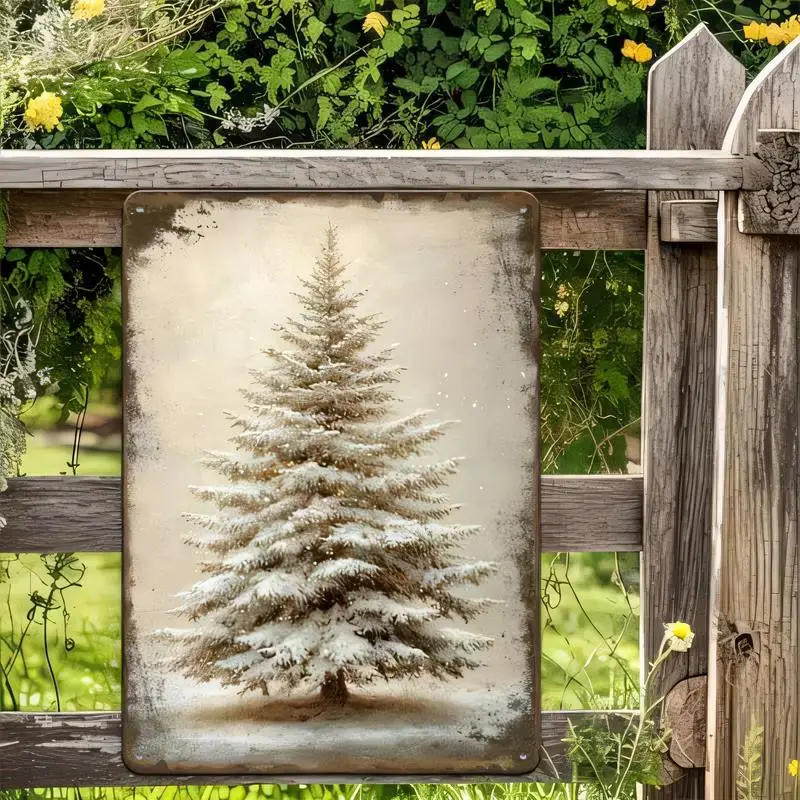 Vintage Snow-Covered Pine Tree Metal Tin Sign, Retro Rustic Farmhouse Outdoor Garden Wall Decor – Winter Christmas Iron Art, Wea