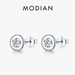 Modian Exquisite Simple Round Clear CZ Ear Studs 100% 925 Sterling Silver Sparkling Stud Earrings For Women Wedding Fine Jewelry