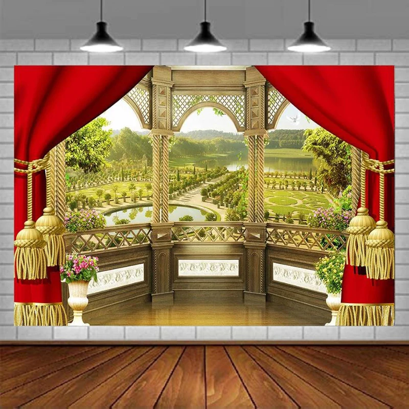 

Photography Backdrop Roman Column Natural Scenery Red Curtains Background Spring Land Tree Adult Photo Booth Props Supplies