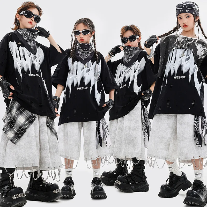 

Cool Hip Hop Dance Clothes Sets Boys Short Sleeves T Shirt Grey Shorts Loose Jazz Performance Wear Girls Fashion Streetwear Suit