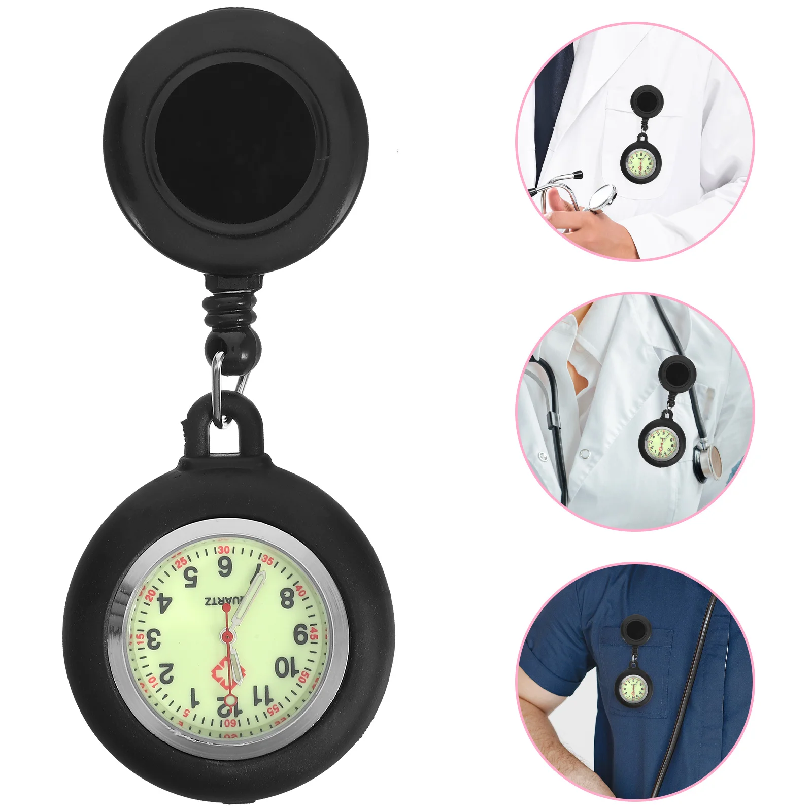 

Night Luminous Doctor Pocket Watch Clip Badge Reel Smiling Face Hanging Pocket Watch Lightweight for Students Nurses Black