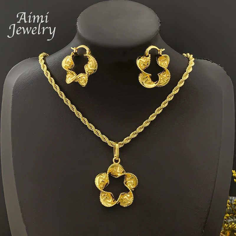 Geometrischer Gedrehter Anhänger mit Kette 18K Vergoldetes Kupfer Schmuckset Ohrringe Halskette Brasilianische Braut Hochzeit Party Geschenke – Detail 1