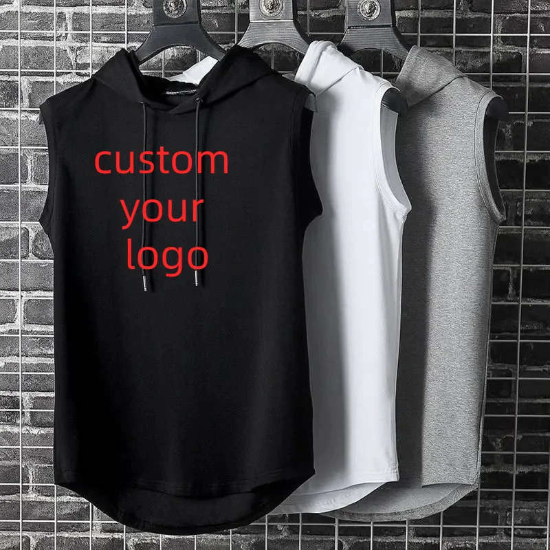 Custom Your Logo Summer Mens Muscle Hoodie Vest Sleeveless Bodybuilding Gym Workout Fitness Shirt Vest Hip Hop