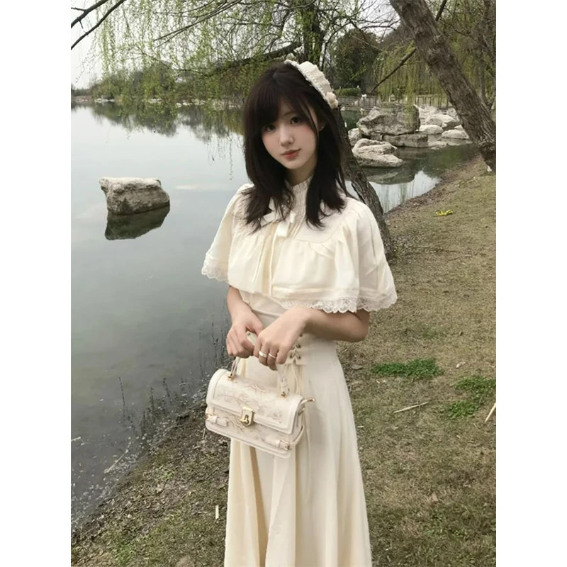 MEXZT Vintage Midi Dress Donna Harajuku Bow Lace Bandage Abiti Estate giapponese Mantello Manica Aderente Design A Line Abiti Nuovo