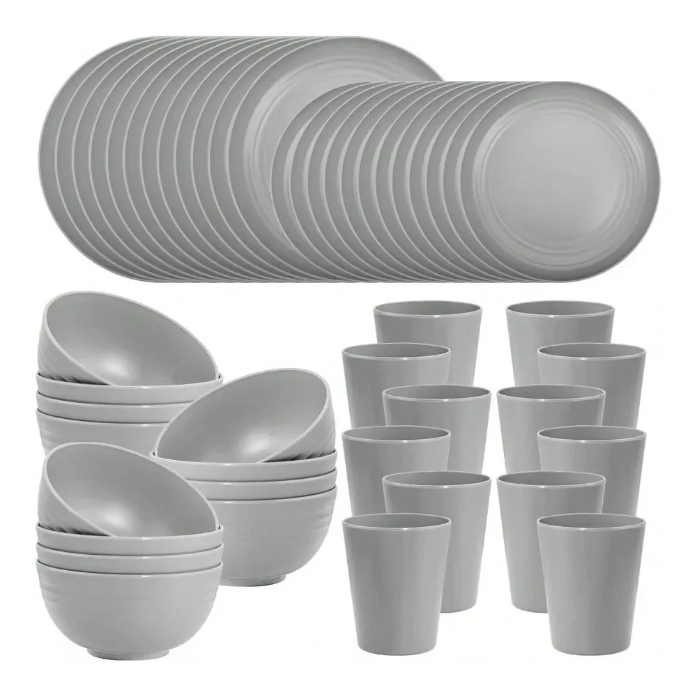 

48 Pcs Grey Plastic Wheat Straw Dinnerware Set Plates And Bowls Sets For Camping Picnics Outdoor Events And Family Gatherings U
