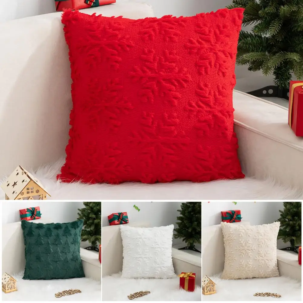 Christmas Pillow Cover  Solid Color Short Plush Decor Pillowcase Festive Christmas Tree Pillowcase with Snowflake for Car Sofa