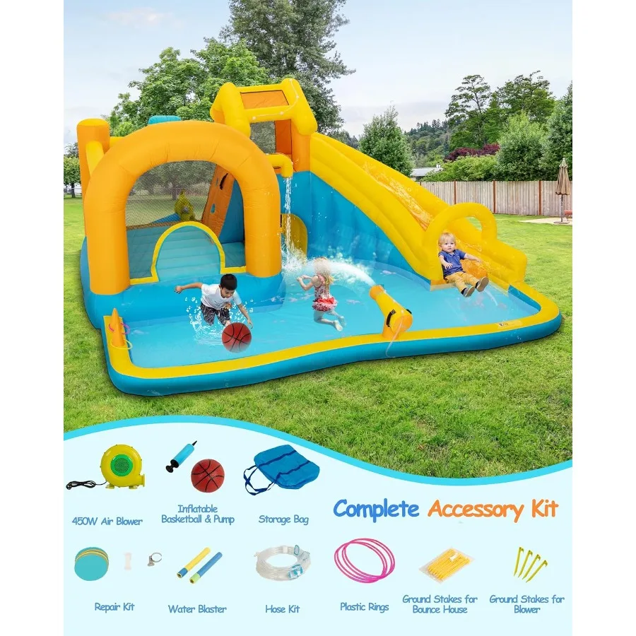 어린이용 에어 슬라이드, 대형 수영장과 긴 슬라이드가 있는 물놀이 공원, 등반 기능이 있는 에어 바운스 하우스