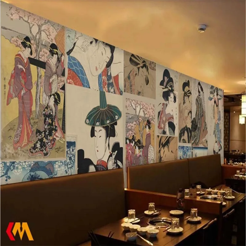 Ukiyo-e Ladies Mural Wallpaper for Japanese Cuisine Store Sushi Restaurant Industrial Decor Retro Papel De Parede Wall Paper 3D