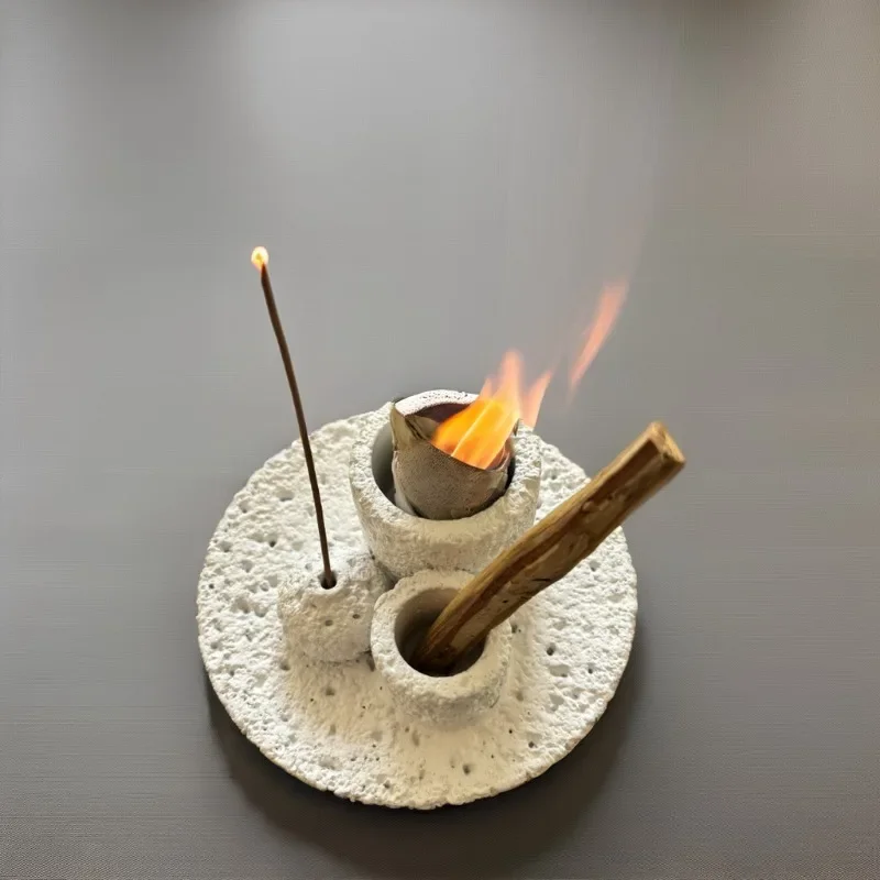 1pcs Multi-Functional Texture Cement Candle Holder Sage Incense Burner & Peruvian Palo Santo Combustion Tray Aromatherapy Decor