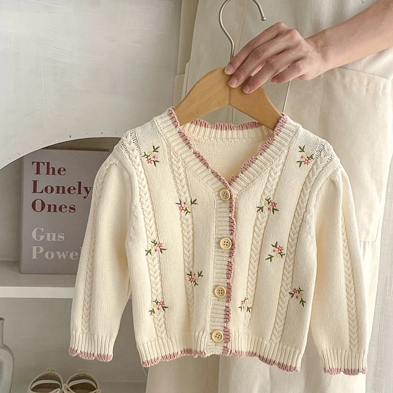 Infant Baby Girl Knitting Cardigan V-neck Flower Embroidery Long Sleeve Cardigan Coat Autumn Spring Toddler Baby Girls Sweater