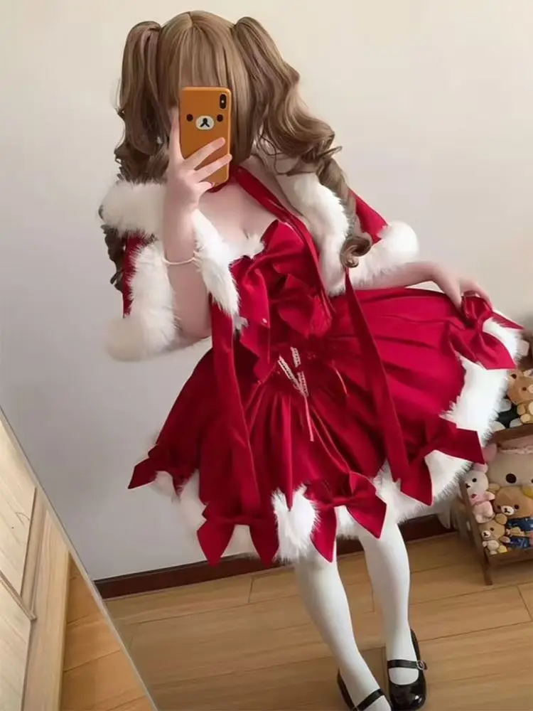 2025 Japanese Sweet Lolita Style Dress Sets Cute Plush Shawl Short Hooded Cloak Bow Mini Skirt Kawaii Red Christmas Lolita Suit