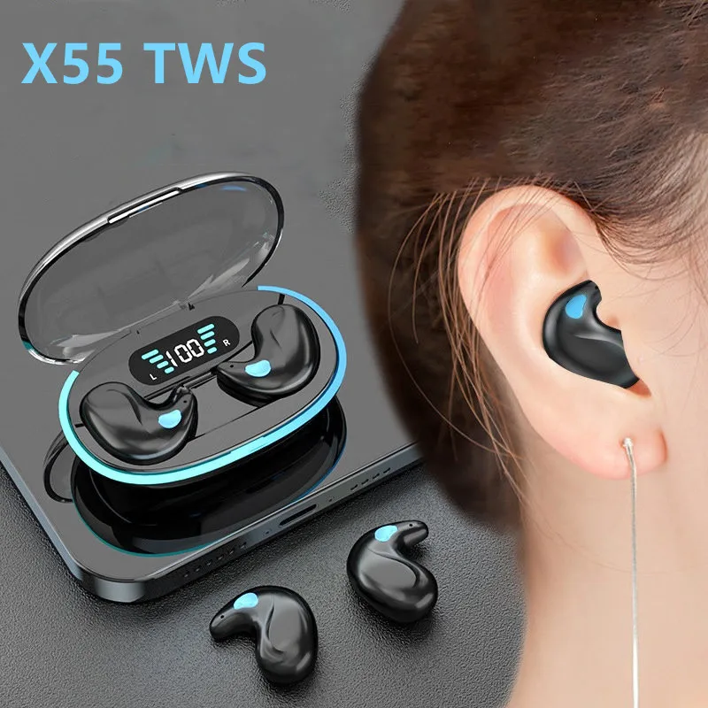 X55 Schlafende Ohrhörer, kabellose Mini-Kopfhörer für die Arbeit, TWS, Bluetooth-Kopfhörer, Stereo, versteckte Headsets mit Mikrofon, HD-Anruf, wasserdicht