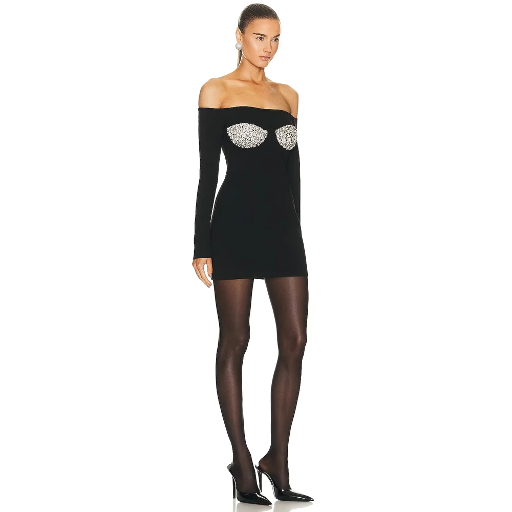 KLEEZY Fashion Women's Black Sexy Strapless Long Sleeve Luxury Diamond Bandage Slim Mini Elegant Celebrity Party Dresses