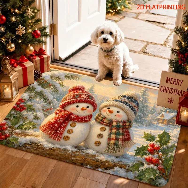 Vintage Green Santa Sleigh Reindeer Cabin Christmas Scene Print Washable Durable Rug For Traditional Holiday Home Entryway Decor