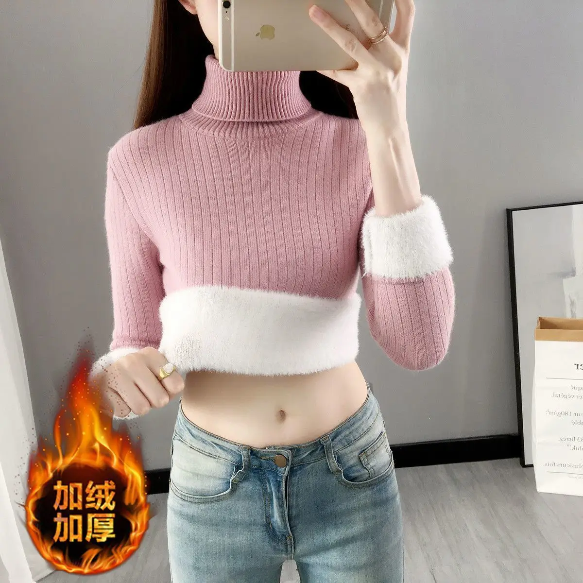 Turtleneck Winter Sweater Women Elegant Thicken Velvet Lined Warm Sueter Fleece Knitted Pullover Slim Top Jersey Knitwear Jumper