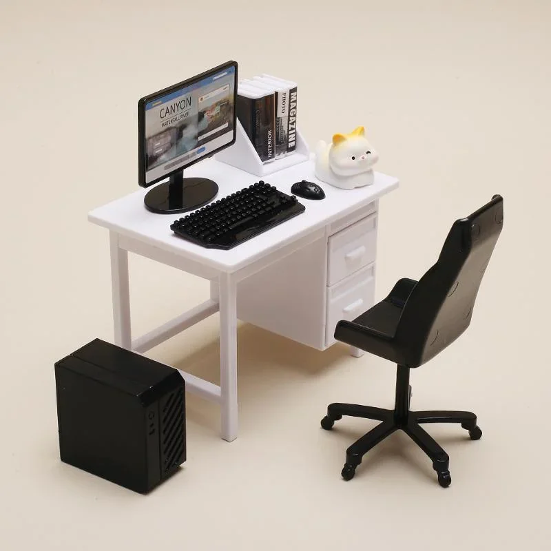 1 Set 1/12 Scale Dollhouse Miniature Furniture Kit With Computer Keyboard Desk Chair Miniature Scene Model Home Study Room Decor