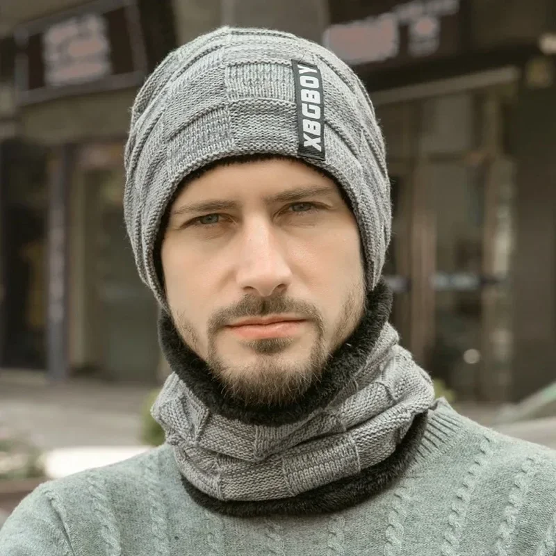 Gorro e cachecol forrado com lã masculina e feminina, chapéu grosso de malha quente, bonés masculinos, mais veludo, pulôver, crianças, inverno, 2 peças