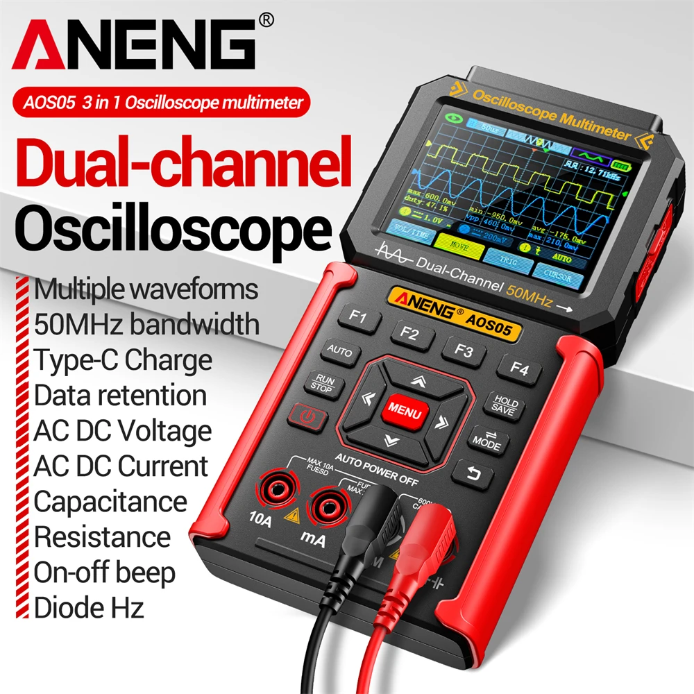 Zweikanal-Oszilloskop, wiederaufladbar, 50 MHz Bandbreite, 200 MSa/s Abtastrate, intelligenter automatischer 3-in-1-Detektor, 25000 Zähler, ANENG AOS05