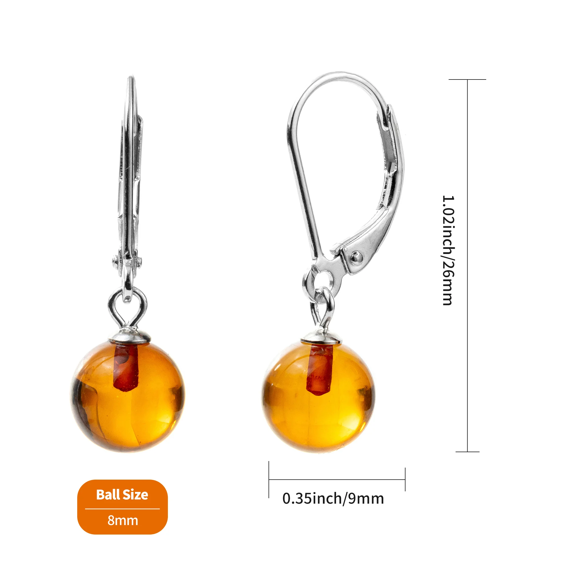 Baltic Round Amber 925 Sterling Silver French Hook Drop Earrings for Women - Natural Baltic Amber Stone Jewelry Wholesale