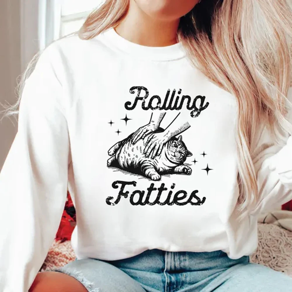 Rolling Fatties Cat Sweatshirt Funny Cat Graphic Hoodies Unisex Long Sleeve Sweatshirt Cat Lovers Gift Casual Crewneck Pullovers