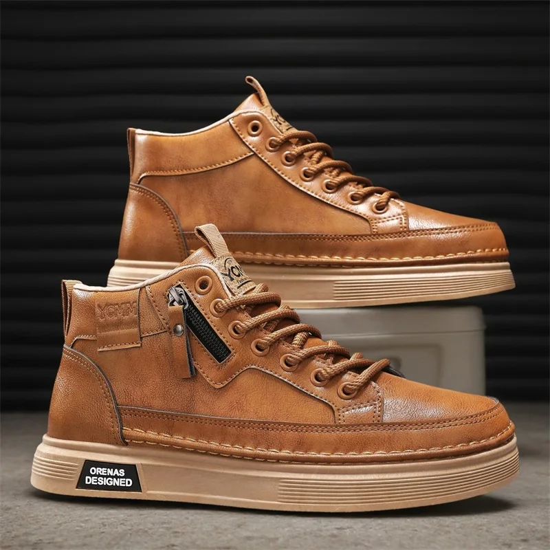 

Men's new casual fashion comfortable four season high top boots casual boots thick soled height increasing anti slip work boots