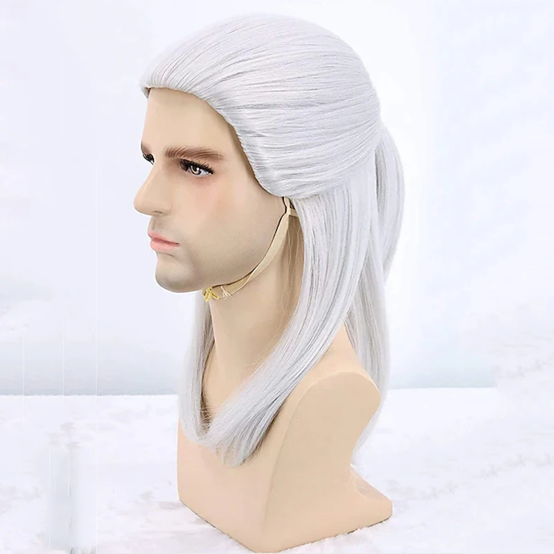 HAIRJOY Prata Branco Geralt de Rivia Cosplay Peruca Longa Reta Perucas Traje Sintético Cabelo Calor Fibra Resistente