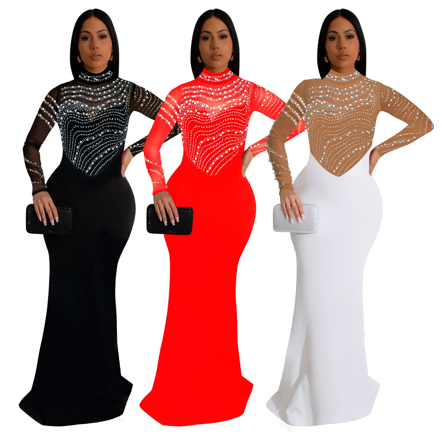 EINY Mesh Spliced Diamonds Slim Prom Dresses Women Rhinestones Long Sleeve Evening Elegant Birthday Formal Party Luxury Gowns