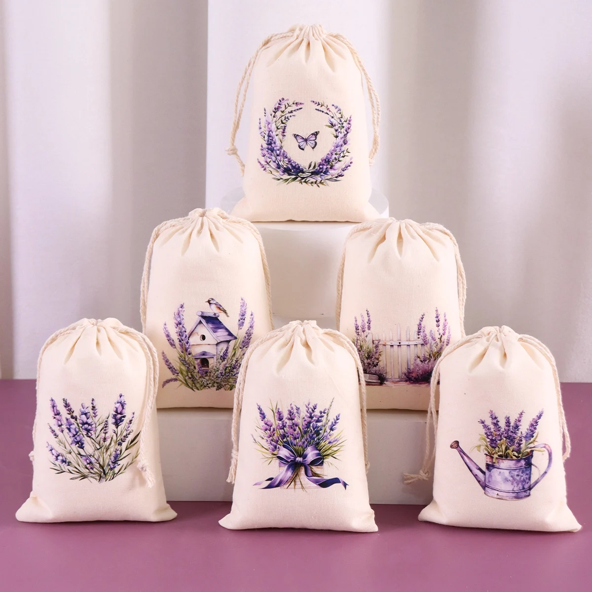 6 sacs cadeaux en coton lavande avec motif floral papillon violet, sacs à cordon pour biscuits, idéaux pour anniversaires et mariages