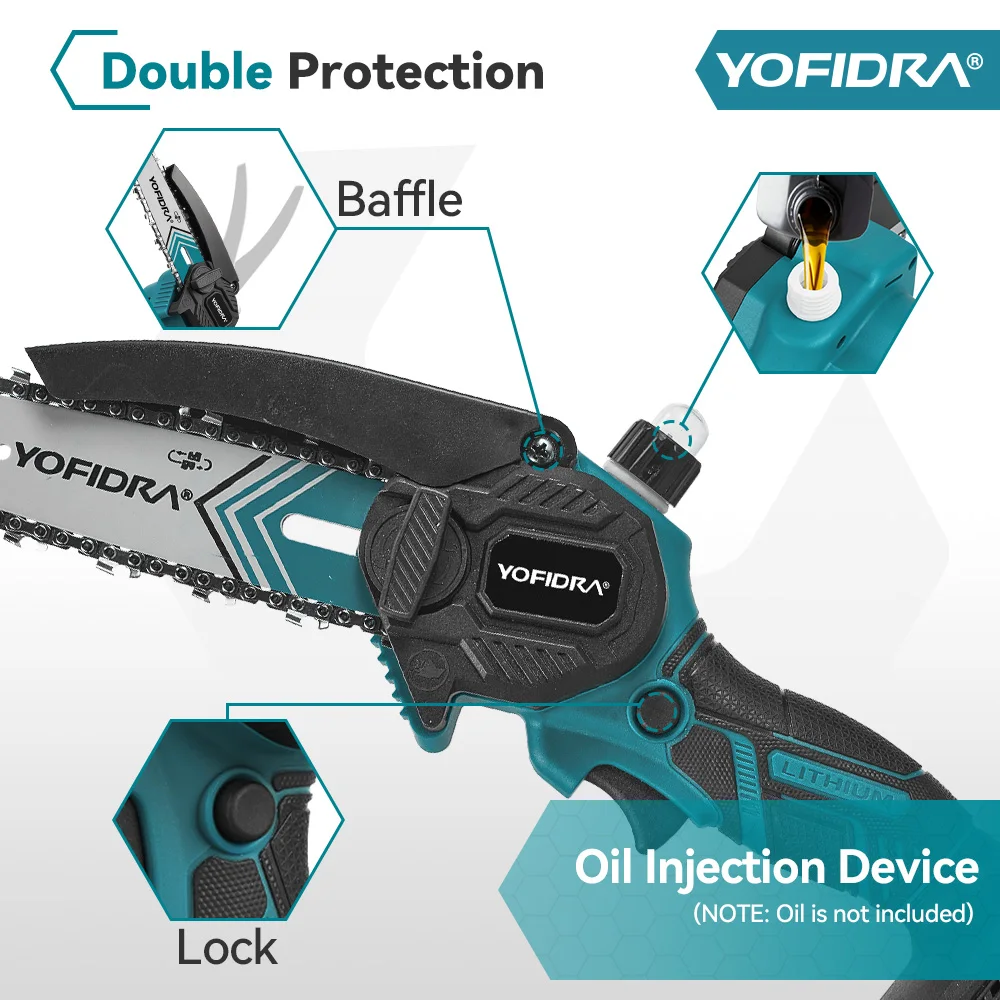 YOFIDRA 6 Zoll Elektrische Kettensäge Kabellos mit Ölsystem für Gartenholzschneiden, Holzfällen und Beschneiden, Elektrowerkzeug für Makita 21V Akku – Detail 7