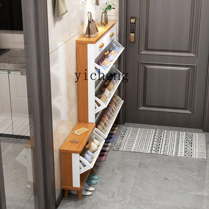 ultra-thin tipping bucket shoe cabinet, stool entrance cabinet integrated solid wood leg shoe