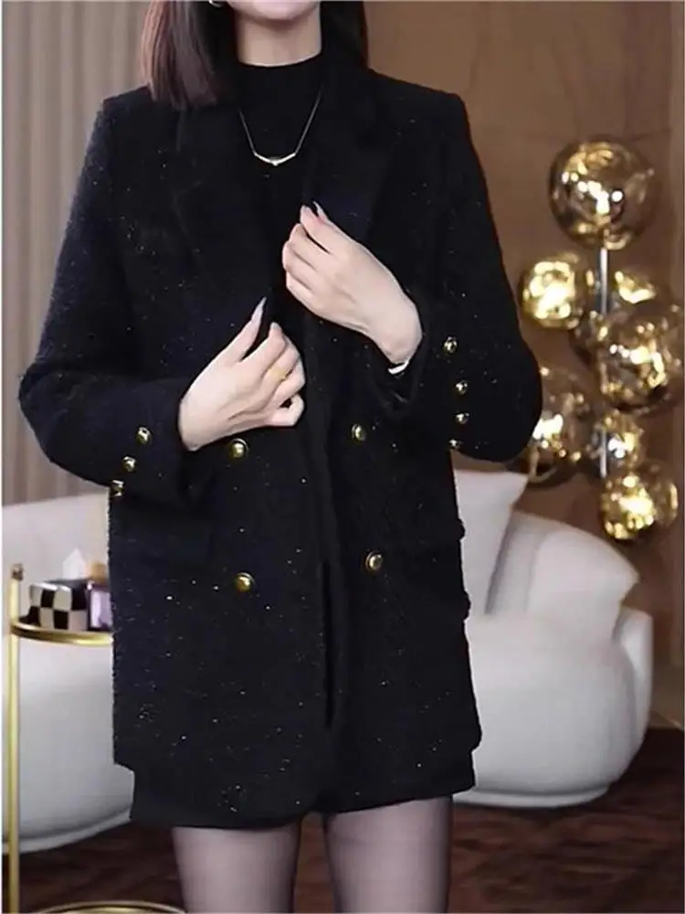 

Faionable Cotton-Padded Bla Jaet Winter Leisure Sle Women's Suit Cleanfit Design ort Length Double Breasted Buttons