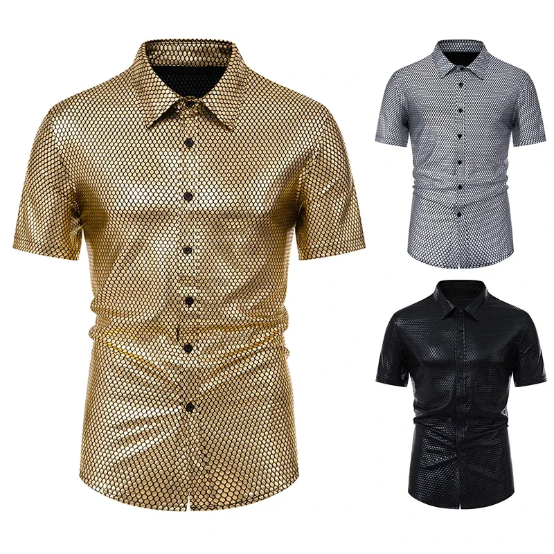 Nightclub Dress Gold Bronzing Metallic Shirts for Men Short Sleeve Stage Prom Steampunk Clothes Summer Mens Casual Chemise Homme