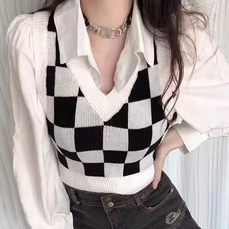 Otoño Invierno mujer suéter chaleco abrigos a cuadros con cuello en V sin mangas prendas de vestir exteriores Crop Top negro blanco