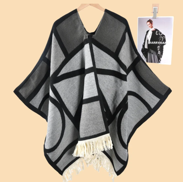 Nuovo poncho geometrico etnico svasato ispessito mantello avvolgente per le donne mantello da viaggio per fotografia