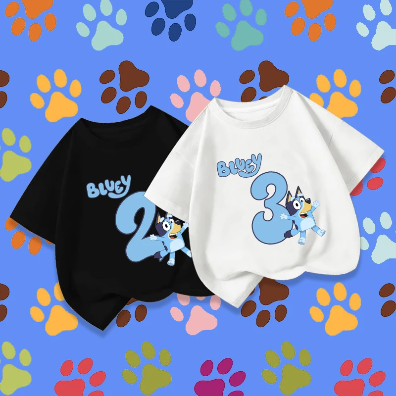 

Футболка с номером на день рождения Blueyi, летняя детская одежда, футболки с короткими рукавами и круглым вырезом с рисунком бинго, детские повседневные топы, забавные подарки