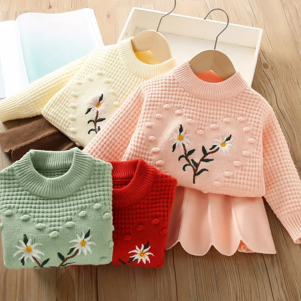 

Winter Solid Color Birthday Party Children's Sets Kids Clothes Girls Love Flower Printed Knitted Sweater+Skirt Two-piece Set