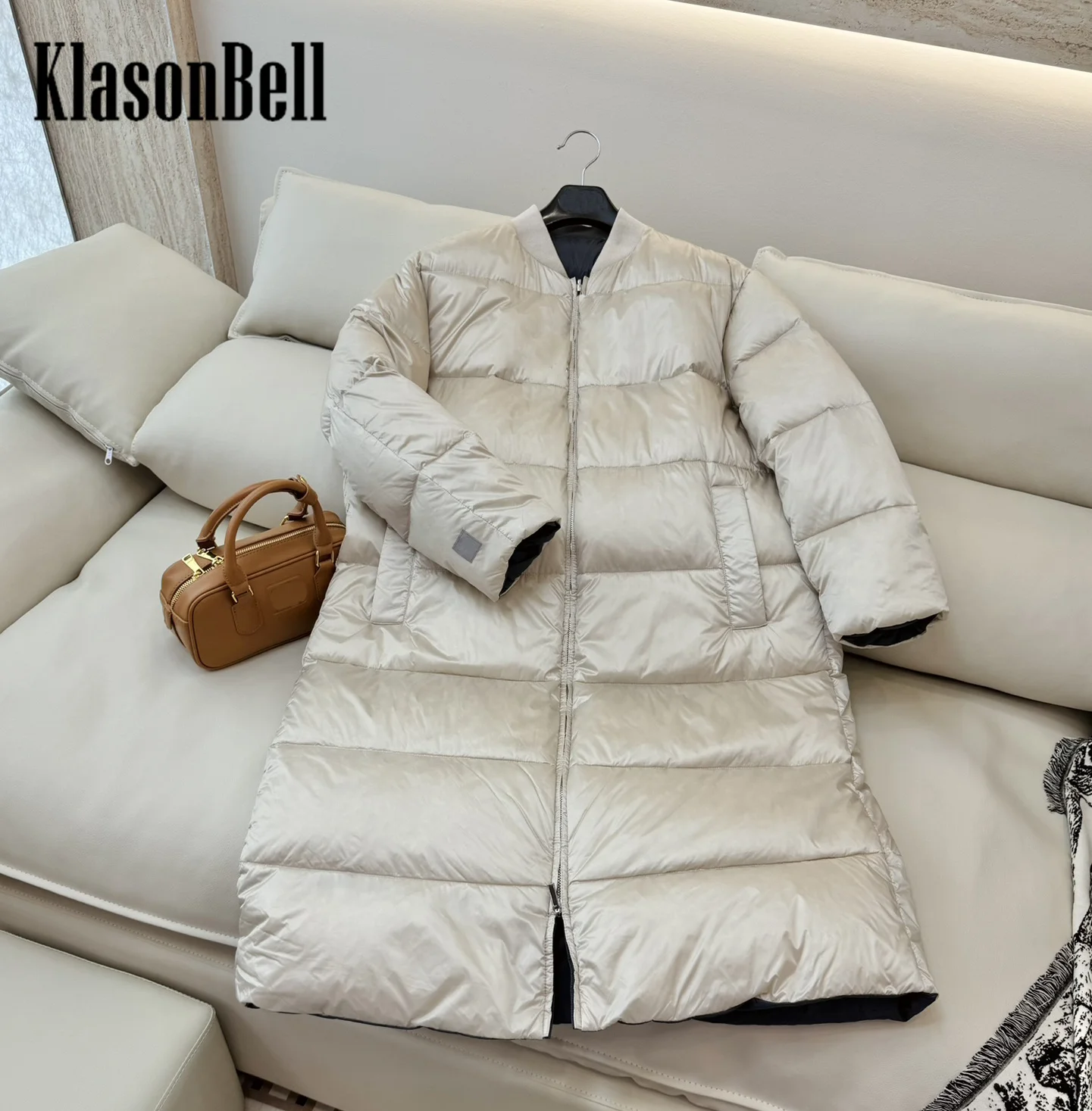 9.5 KlasonBell Women New Solid Loose Long White Goose Down Outerwear Revrsible Wear Double Zipper Keep Warm Lingth Down Jacket