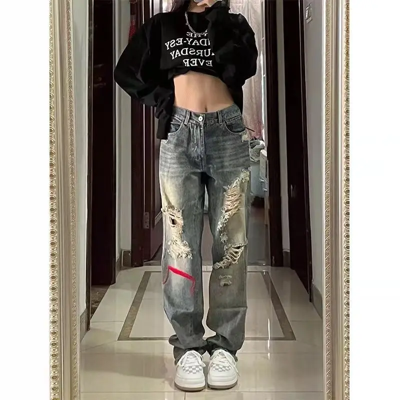 Women\'s Jeans Hiphop High Street Hot Girl High Waist Fashion Y2k Wide Leg Pants Spring Vintage Woman Ripped Baggy Jeans 2022