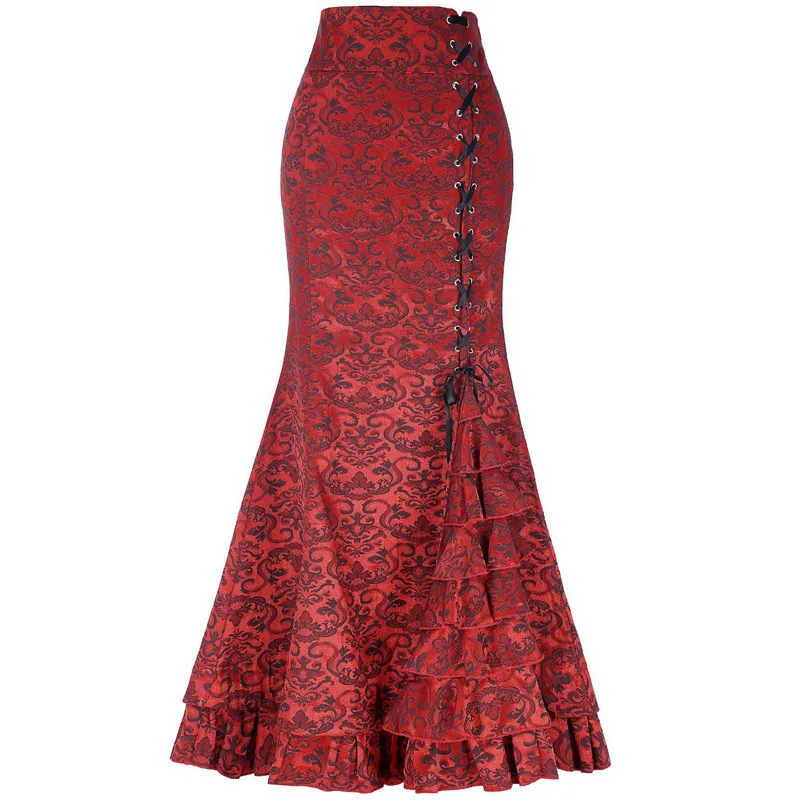 

Women's Vintage Jacquard Skirt High Waist Elegant Long Ruffle Slim Fishtail Lace-up Long Print Skirt Gothic Style Party Skirt