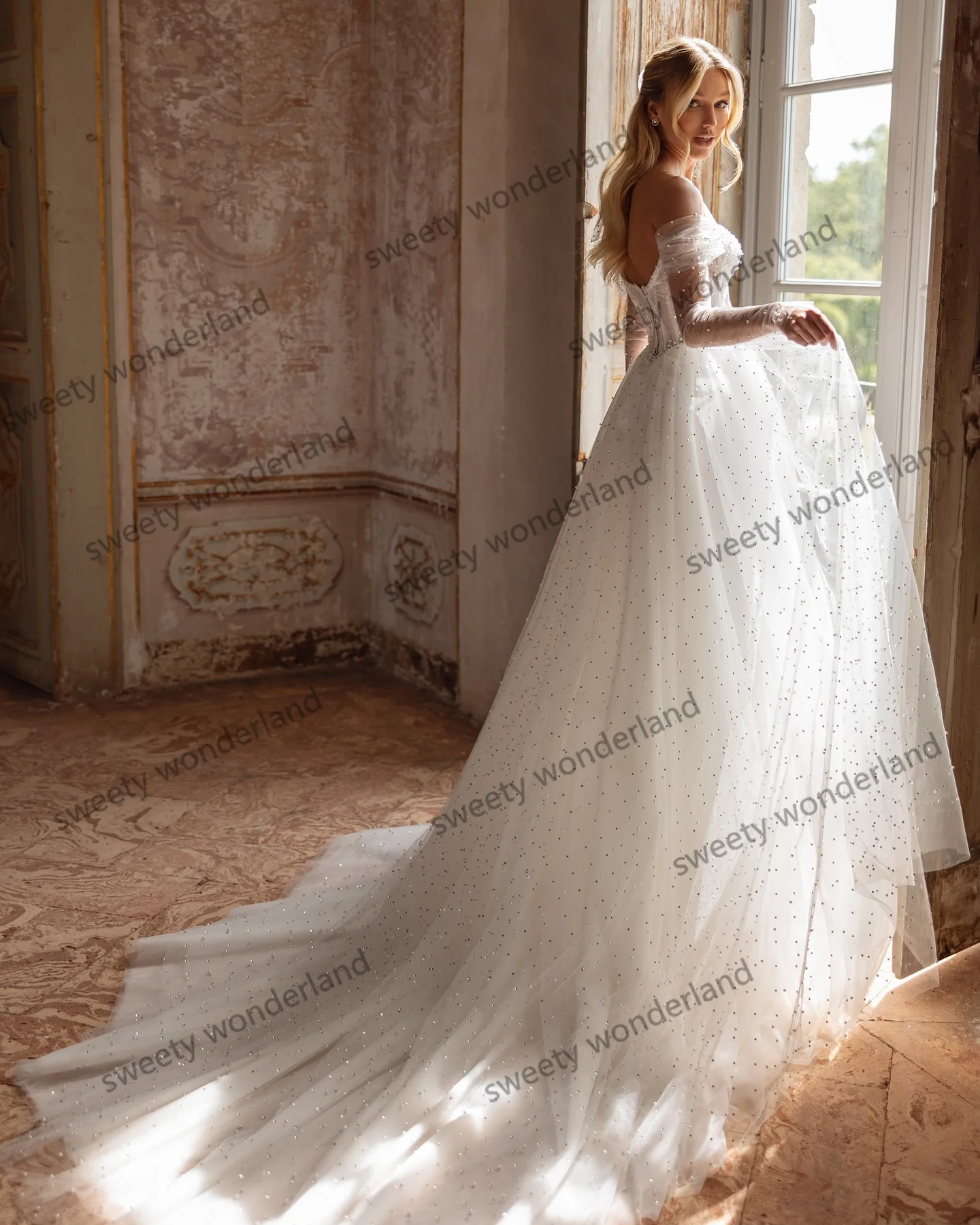 A Line Wedding Dresses Illusion Corset Tulle Robe De Mariee Off the Shoulder Beading Bridal Gowns Vestido De Novia