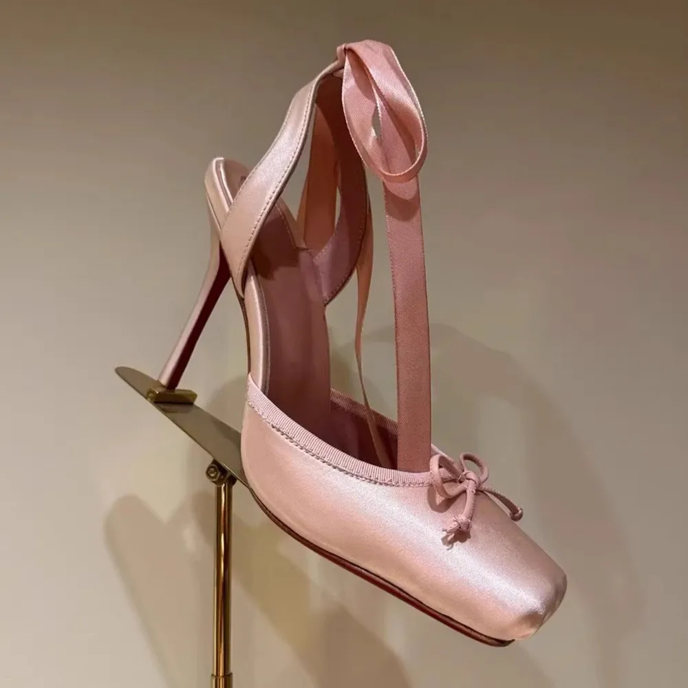 2026 Women Summer High Heeled Shoes for Woman\'s Square Toe Thin Heels Butterfly-Knot Pumps Sexy Ladies Ankle Strap Wedding Shoes
